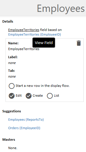 "Master-Detail" sidebar allows specifying the basic features of the DataView fields when the field name is clicked. The name, the label, and the optional tab can be entered directly in the model.
