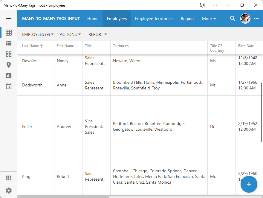 Grid is the default presentation view style. Many-to-many fields are rendered as a comma-separated list of tags in the grid cells of a data items.