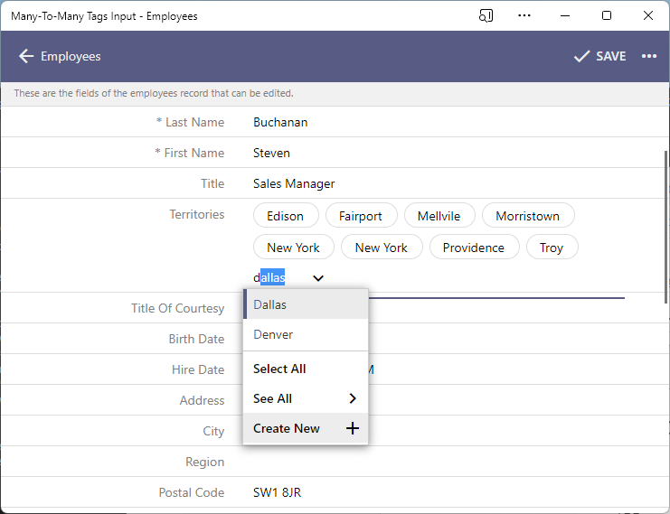 Option "See All" is available in the dropdown menu if the Items Style property of the many-to-many field is set to "Lookup". The dedicated form with the "Grid" or "List" view of tags will be displayed when the option is selected. Users will have the "Create New" option if the New Data View property of the field is set to the "createForm1" view of the data controller responsible for the tag list.
