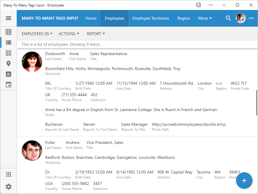 Many-to-many fields display the tags as a simple comma-separated list. The server-side framework performs a single database request to fetch tags associated with the data items that are being returned to the server. This significantly improves the performance of applications.