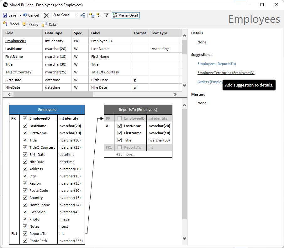 Model Builder provides the "Master-Detail" sidebar that allows defining the DataView fields. Such fields represent the "detail" in the master-detail relationships inferred from the foreign keys in the database schema.