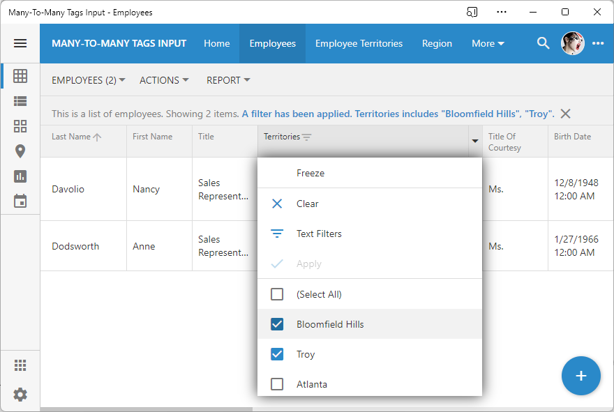 Tapping on the grid column will present available filtering and sorting options along with the list of sample values. Tap-hold or right-click the column header to access the context menu without sample values.