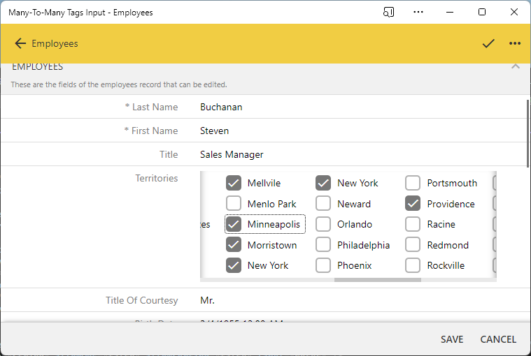 The checkbox list provides a full set of available tags for users to choose from. The "Columns" property of the view data field distributes the tags in the specified number of columns. Horizontal scrolling of tags is enabled automatically when needed. By default, the number of columns is calculated dynamically and depdends on the height of the form.