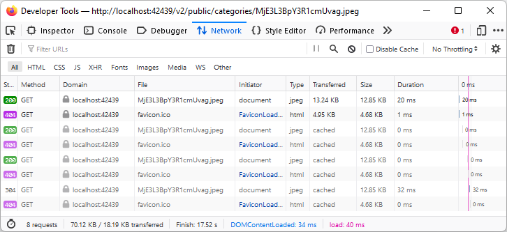 Each successful request to GET the image is followed by a 404 error. Most browsers will attempt to load the "favico.ico" when an URL is entered in the address bar. The 404 response simply indicate that there is no icon in the application root on the server.