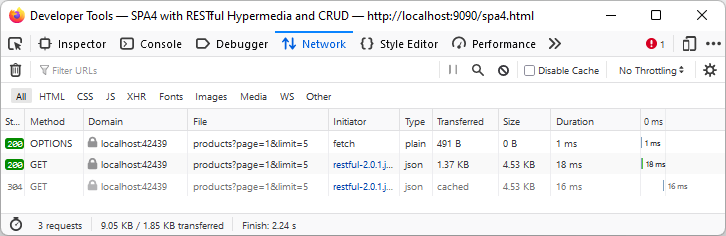 The network trace shows two GET requests fetching the list of products. The first request with the "200" status has fetched the resource data. The second request with the "304" status has fetched an empty body and had to re-use the cached data of the previous response instead.